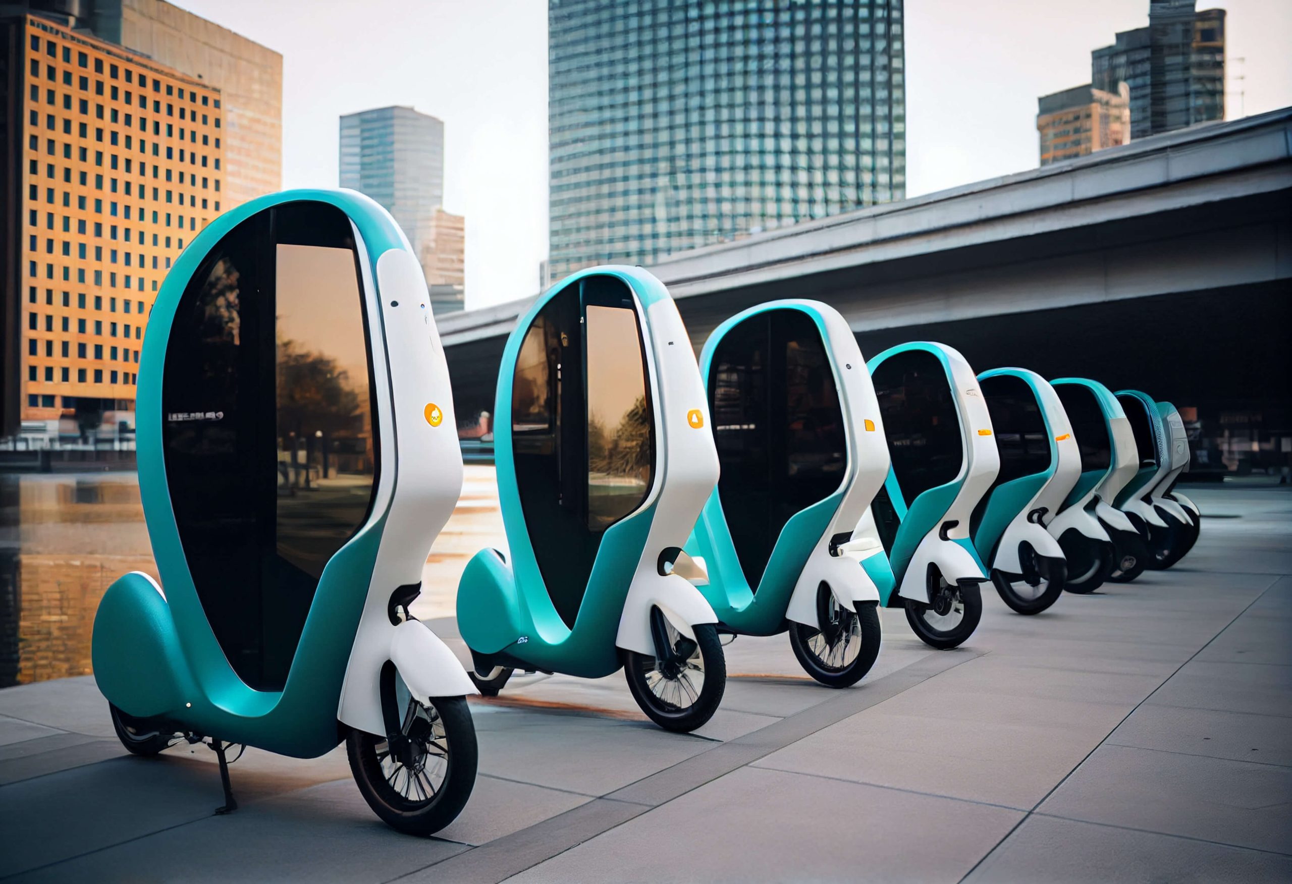 A futuristic concept image of last mile transport. The image shows motorised scooters with person sized bubbles around the seat to protect the rider from the elements. Automotive market research is important to the development of last-mile transport.