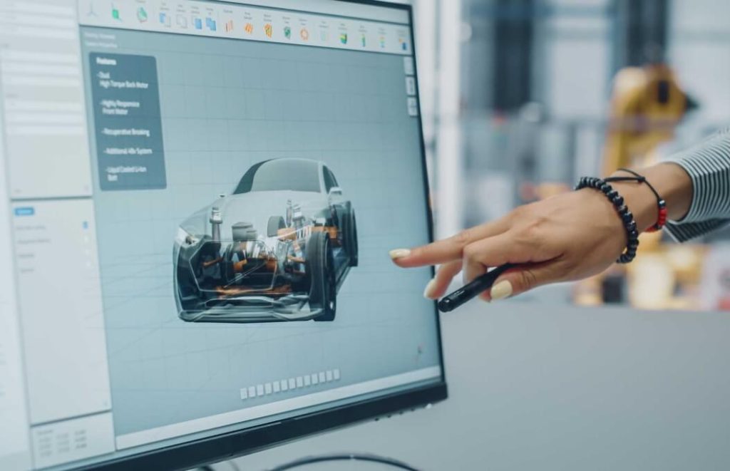 A hand pointing towards a digital representation of the inner working of a car.
This is an example of stimulus material that could be used in automotive market research.